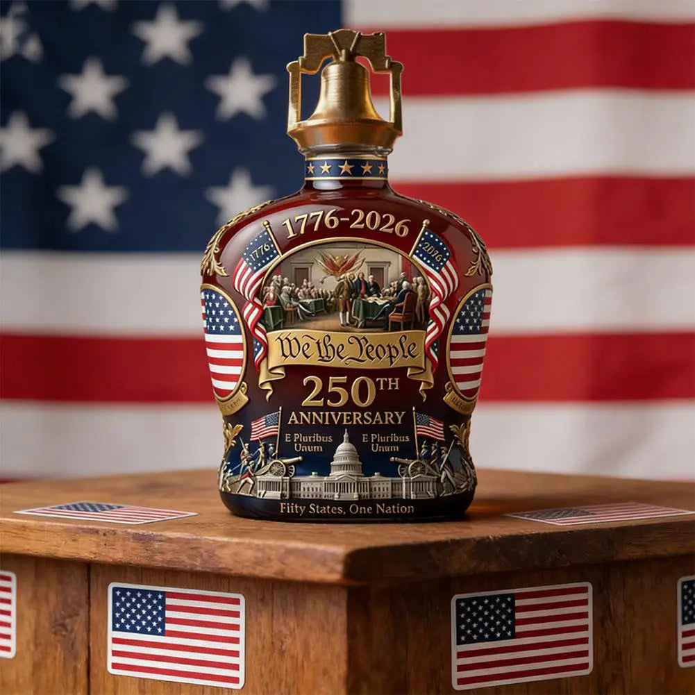 Veltora U.S. 250th Anniversary commemorative whiskey bottle and water cup for collection, featuring detailed patriotic design.