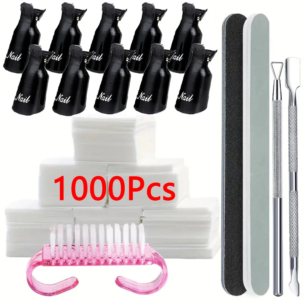 Veltora nail soak-off clip cap set with cotton pads, file, pusher, and brush for UV gel polish removal in manicure kit