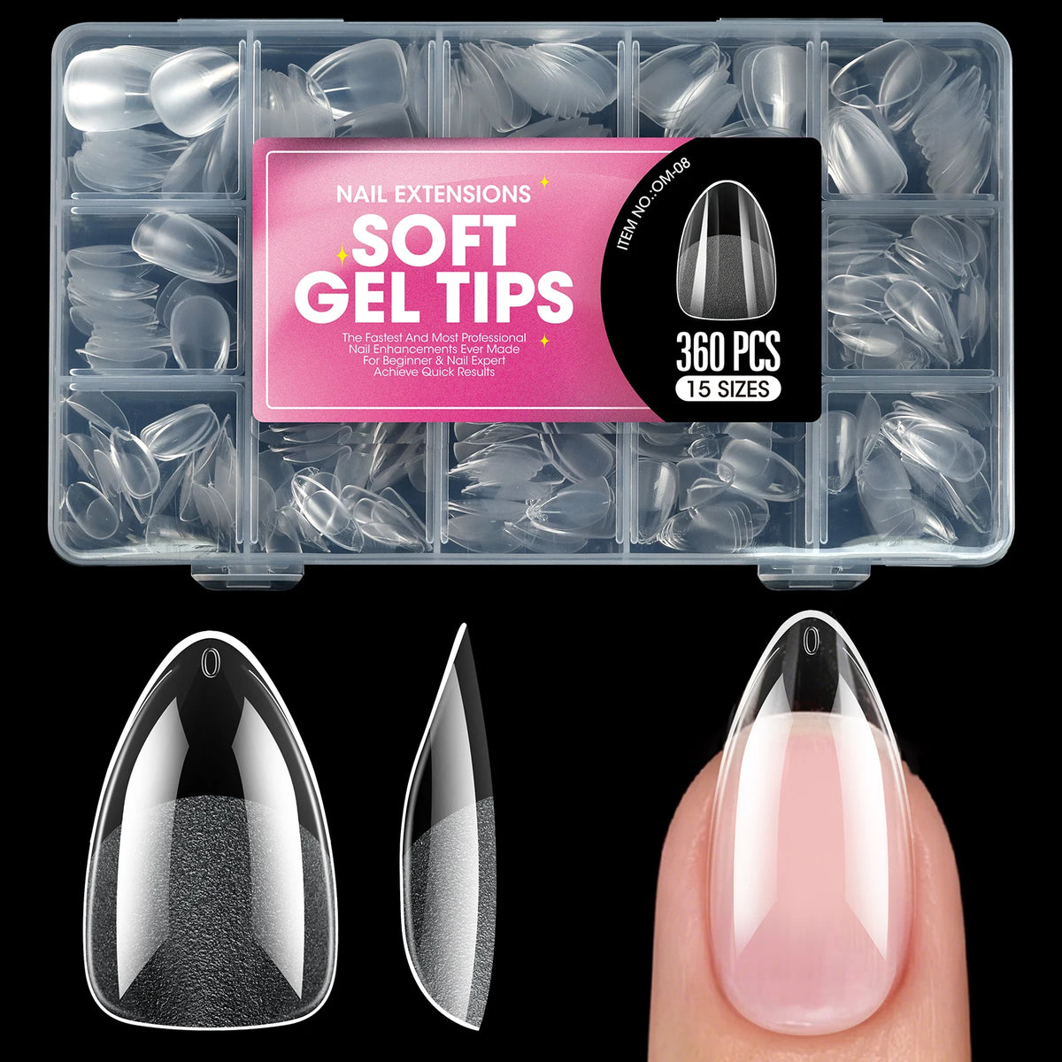 Veltora short almond gel nail tips in various sizes, full cover false nails for acrylic, salon or home press-on manicure application