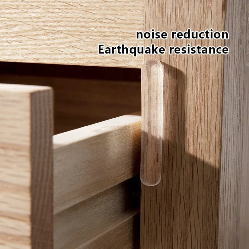 Clear self-adhesive silicone bumpers by Veltora for walls, furniture, refrigerators, and cabinets to prevent damage and noise.