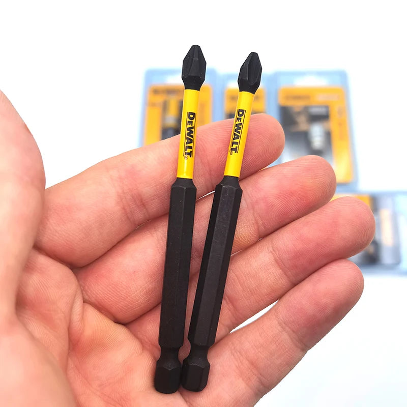 Veltora DEWALT tool accessories combination series cross slotted and Phillips head bits with yellow ring sleeve extension rods in silver.
