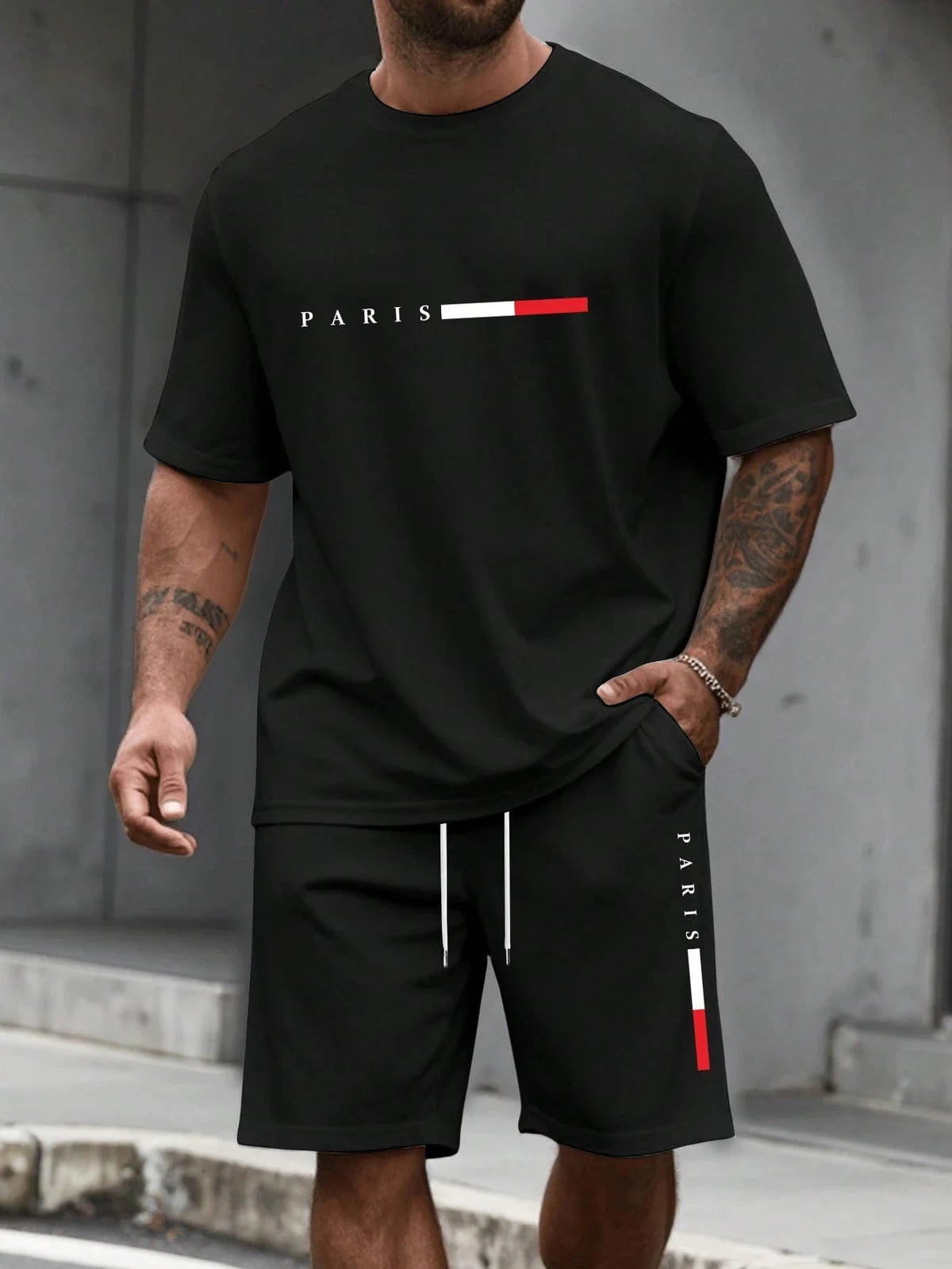 Men's Veltora 2-piece tracksuit with short sleeve O-neck shirt and matching shorts, ideal for summer running and casual wear.