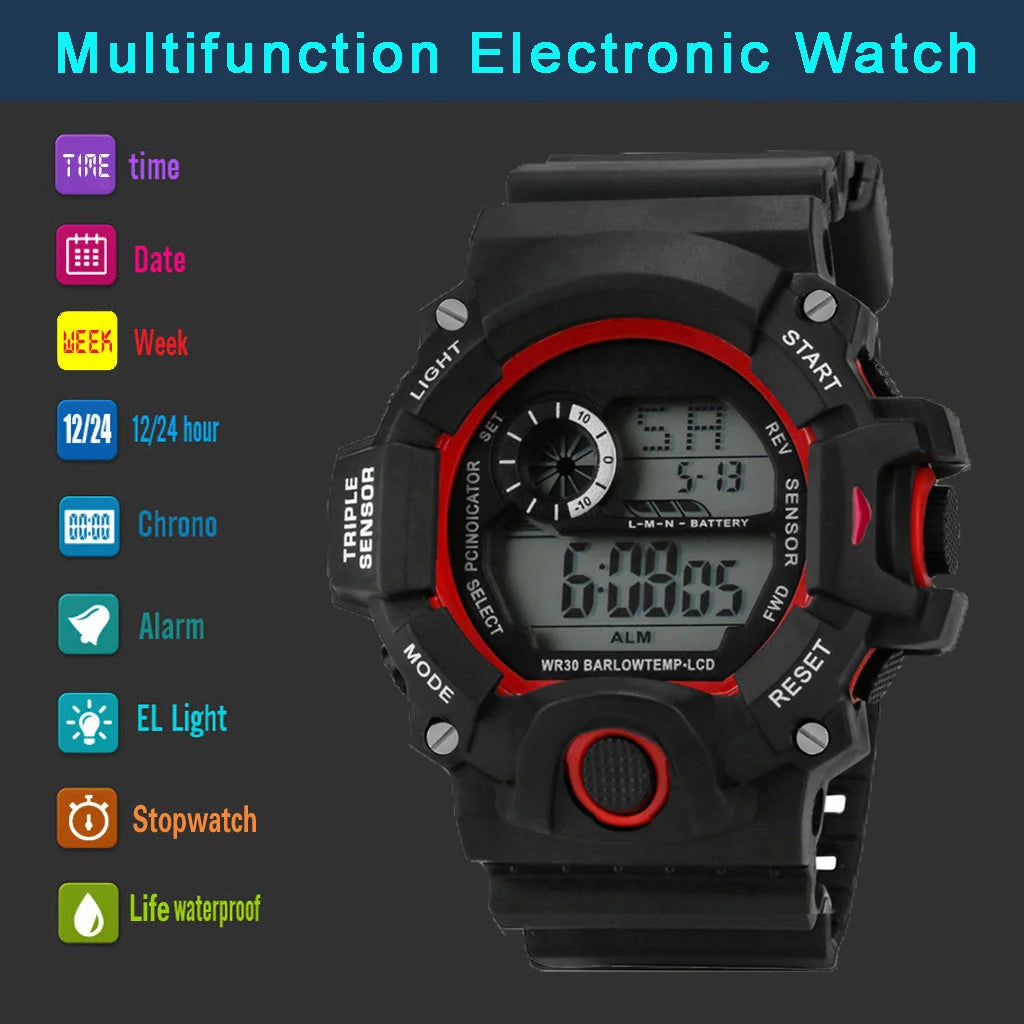 Veltora men's sports electronic wristwatch with large dial, luminous display, waterproof design, multifunctional features, military style