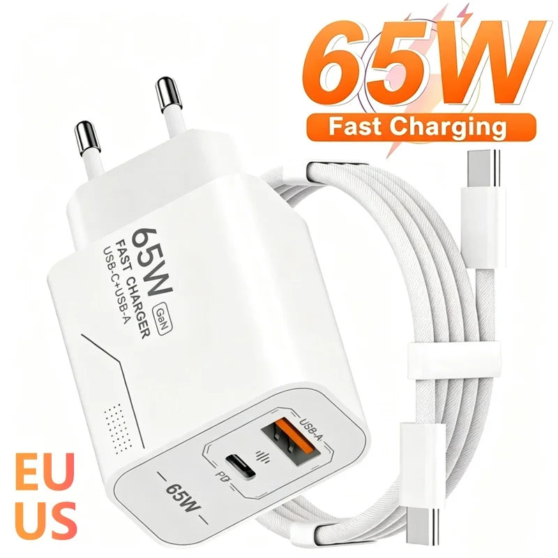 Veltora 65W GaN USB C Charger with two ports, fast charging power adapter for iPhone, Samsung, Xiaomi, EU/US plug wall charger