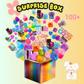 Veltora surprise box with over 100 squishy toys and fidget figures in assorted fun, stress relief, mystery blind box packaging.