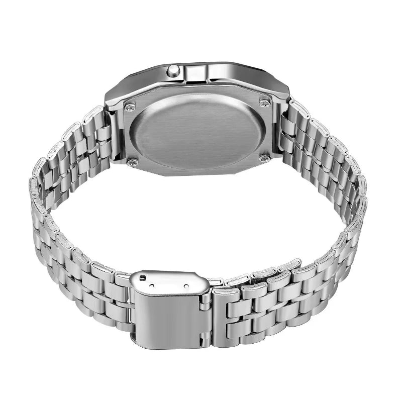 Veltora F91W digital sports watch with steel band, multi-functional LED display, suitable for women and men, business and casual wear.