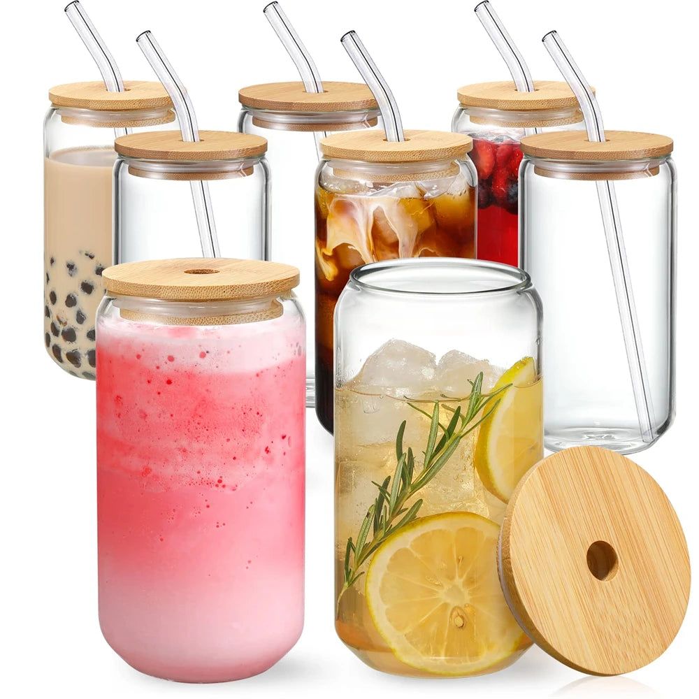 Veltora glass mug with bamboo lid and straw, 350ml/550ml mason jar style for coffee, juice, or cocktails, beer can shape.
