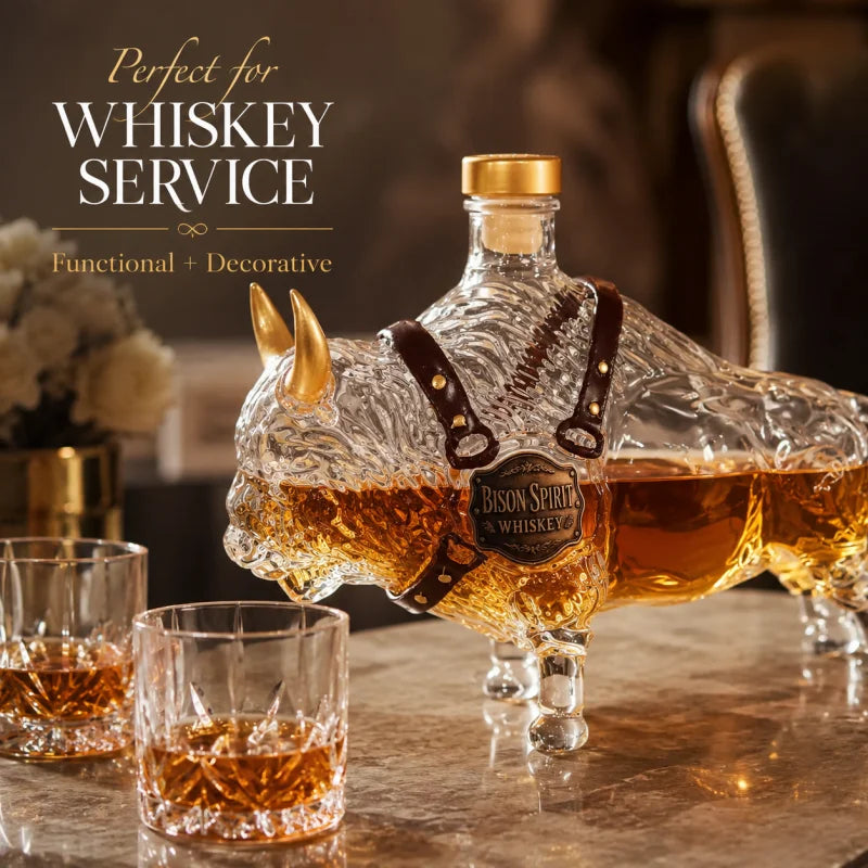 Veltora bison-shaped whiskey decanter with buffalo glass bottle, golden horn, leather strap, Western farm style spirit dispenser