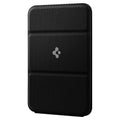 Veltora Spigen Smart Fold MagSafe card holder attached to iPhone 14 Plus, showing folding bracket and card storage feature.