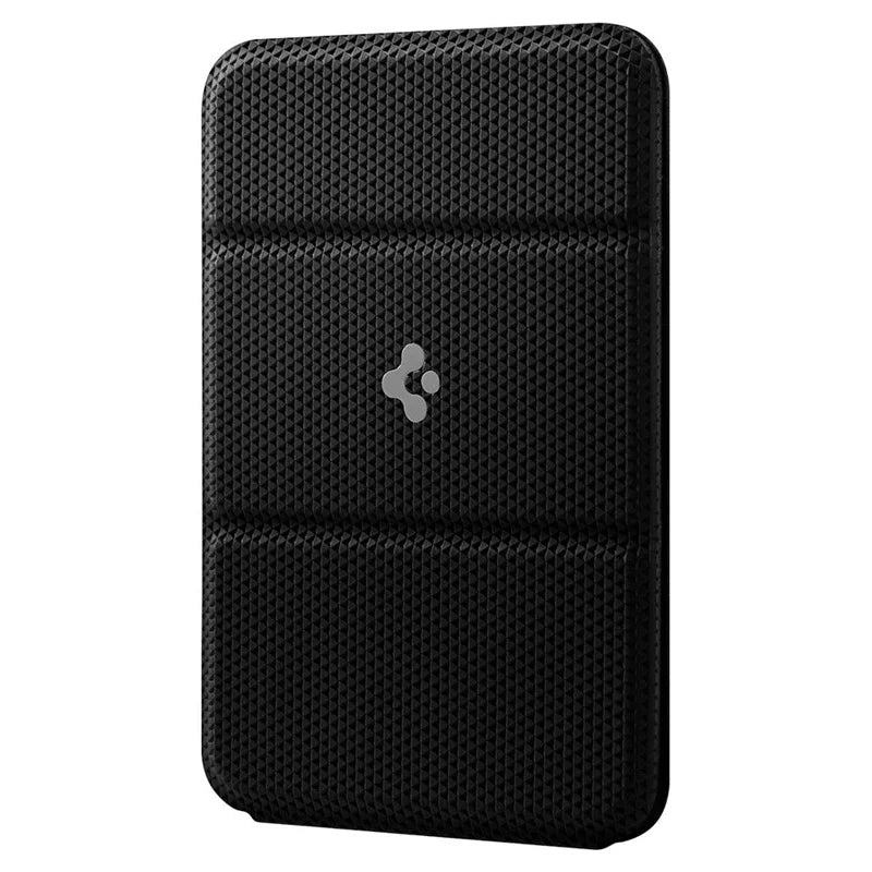 Veltora Spigen Smart Fold MagSafe card holder attached to iPhone 14 Plus, showing folding bracket and card storage feature.