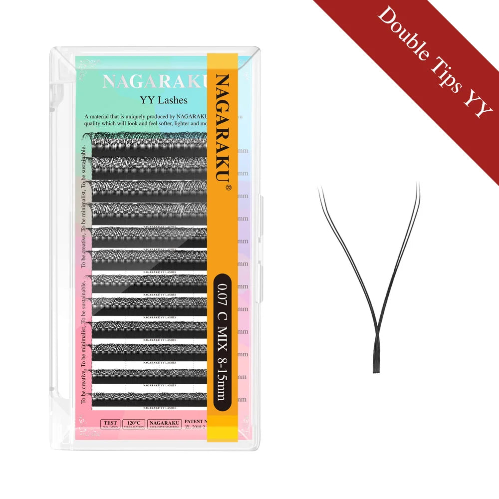 Veltora Nagaraku YY shape triple tips hand-woven natural eyelash extensions with soft, lightweight design and makeup mesh net packaging