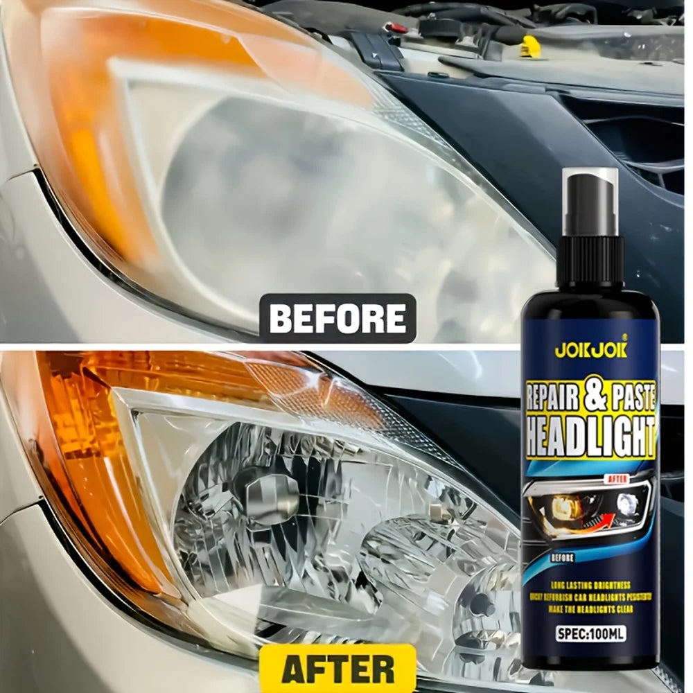 Veltora 100ml car headlight restoration spray bottle showing clear liquid for automotive headlight repair and polishing.