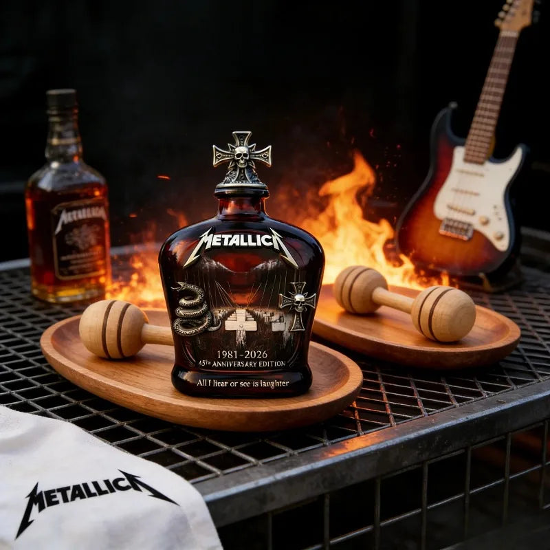 Veltora Metallica 45th Anniversary limited edition whiskey decanter with skull cross decor, collectible glass bottle for rock band fans
