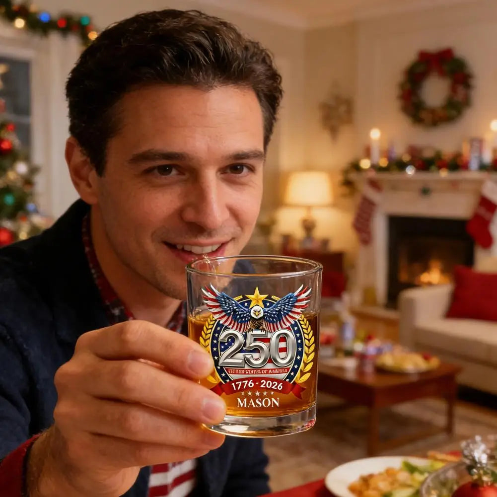 Veltora America 250 Years anniversary whiskey glass featuring patriotic eagle design and hand-blown glassware with rotating cup.
