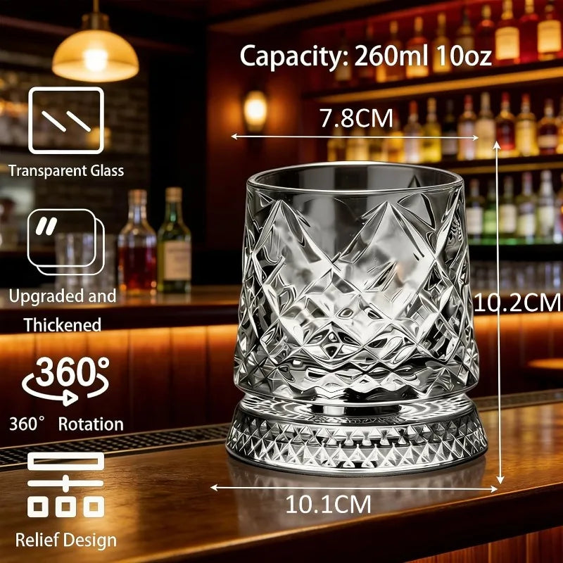 Veltora 280ml rotating crystal whiskey glass with elegant design, ideal for rum, cocktails, and party drinking experiences.