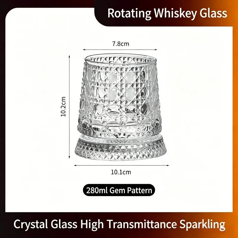 Veltora 280ml rotating crystal whiskey glass with intricate design, ideal for rum, cocktails, or beer at parties.