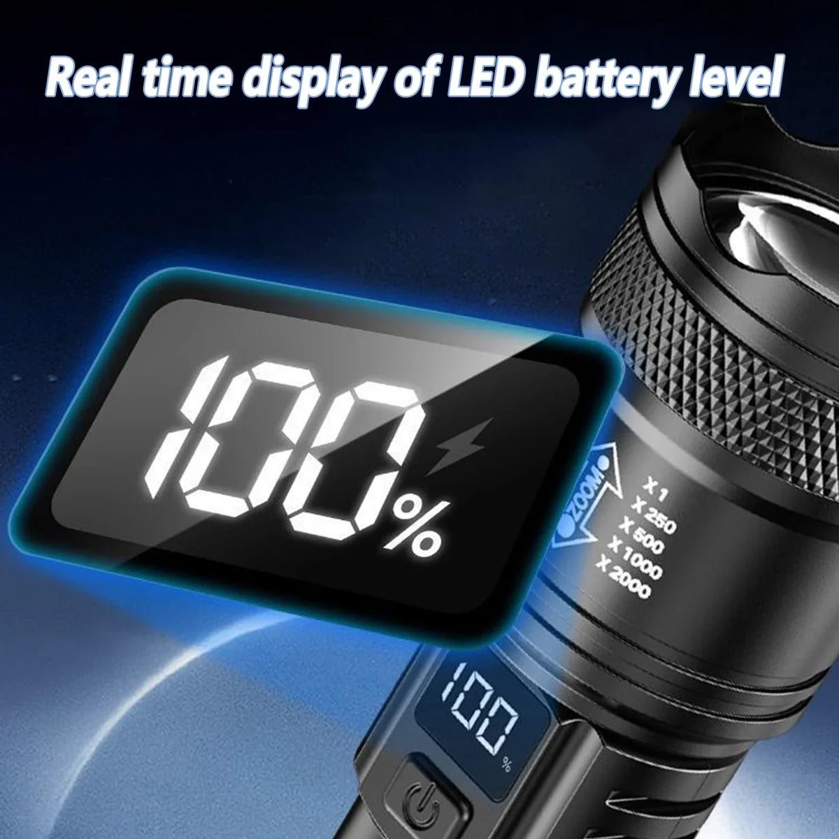 Veltora 2000LM LED tactical flashlight with telescopic zoom, handheld spotlight, battery included, black aluminum body.