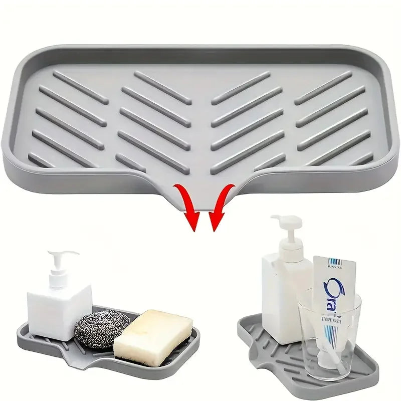 Veltora silicone kitchen sink faucet mat with soap dispenser, sponge drain pad, and splash drying tray on countertop.