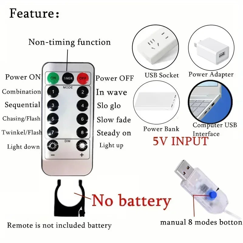 Veltora Christmas fairy curtain lights with USB, 8 modes, LED string lights for bedroom, wedding, and holiday home decor