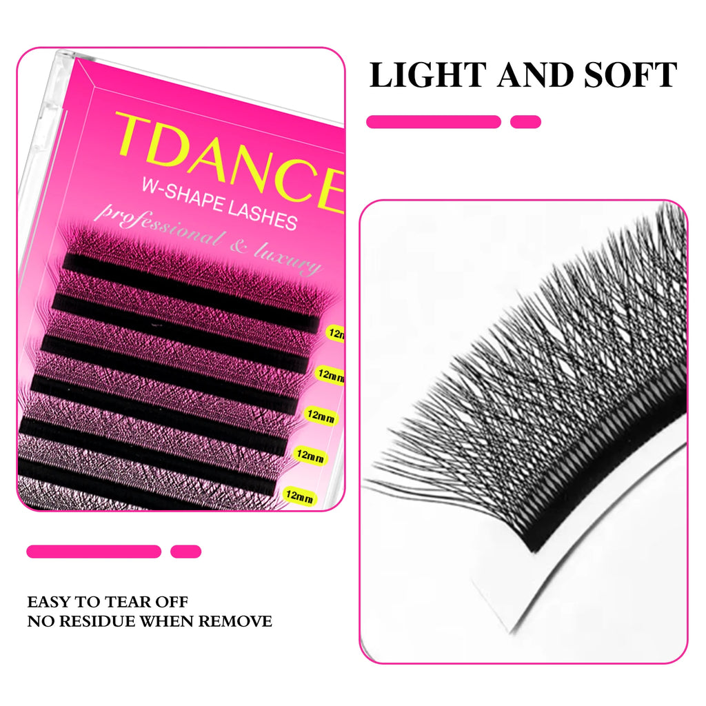 Veltora TDANCE 3D 4D 5D 6D premade W-style faux mink eyelash extensions with natural soft, blooming volume.