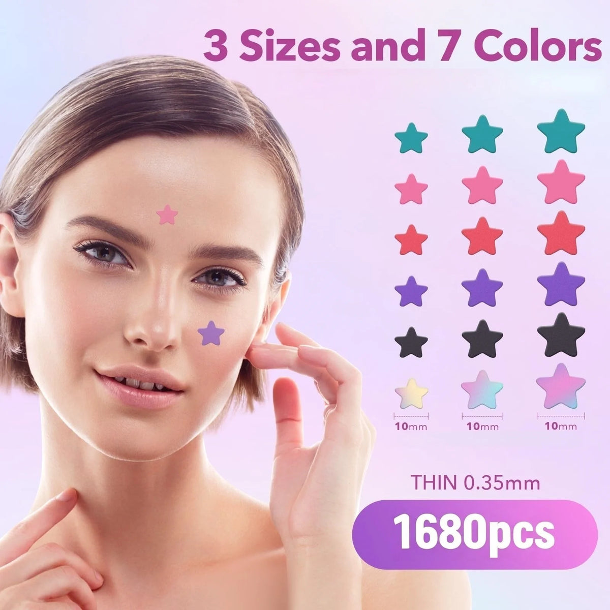 Veltora 1680 Pimple Patch set with 280 colorful star-shaped concealer patches for acne and blemish coverage.