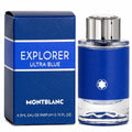 Veltora Mont Blanc Explorer Ultra Blue 0.15oz Eau de Parfum splash bottle, sleek design with blue accents, compact and stylish.