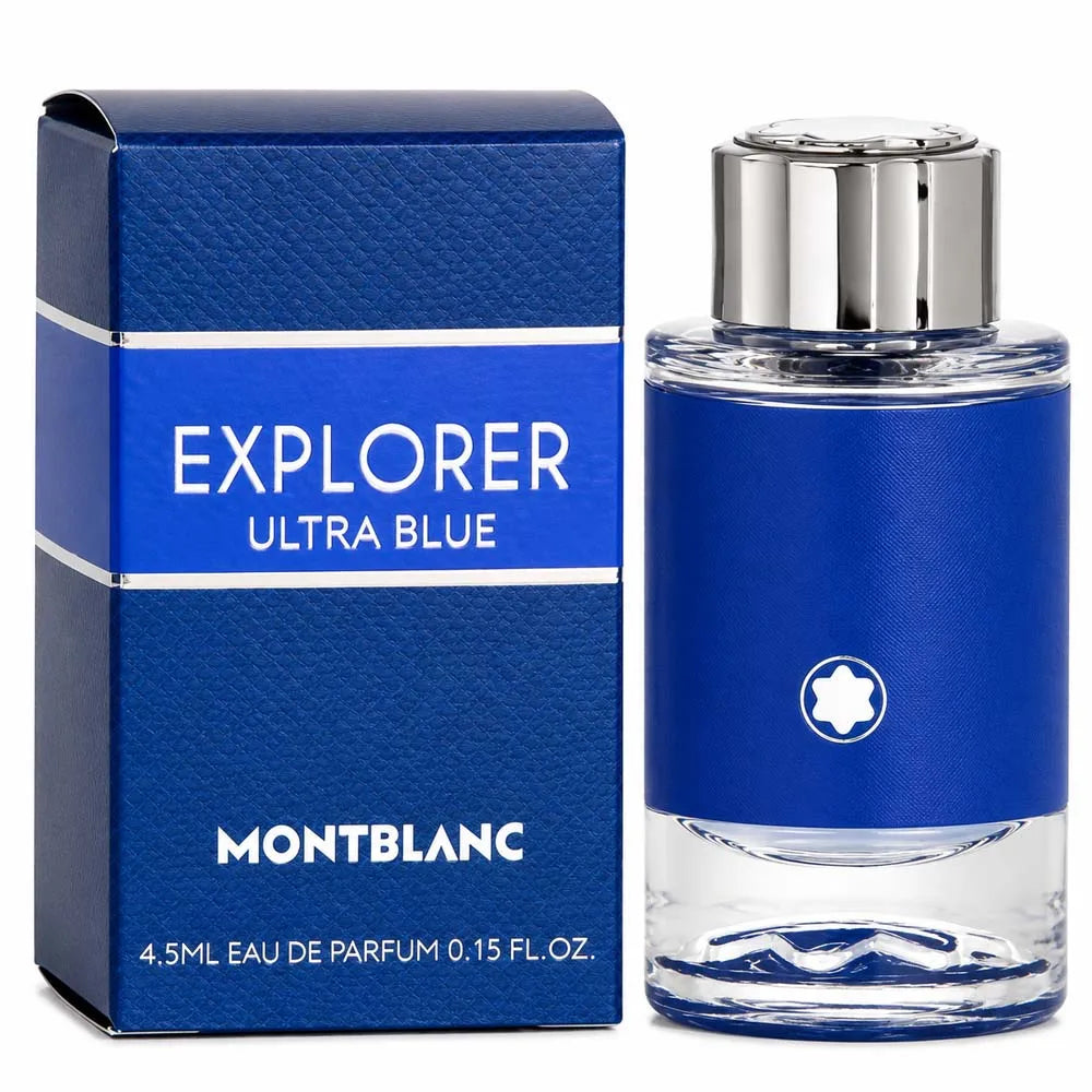 Veltora Mont Blanc Explorer Ultra Blue 0.15oz Eau de Parfum splash bottle, sleek design with blue accents, compact and stylish.