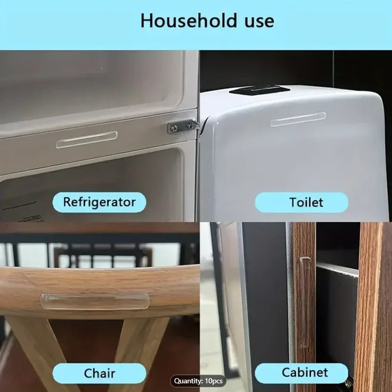 Veltora clear self-adhesive silicone bumpers and door protectors on furniture and appliances for cushioning and anti-crash protection.