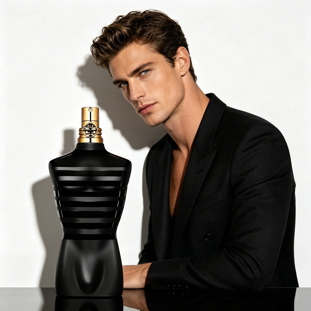 Jean Paul Gaultier Le Male Le Parfum bottle featuring amber woody scent with cardamom, lavender, iris, and vanilla for men.