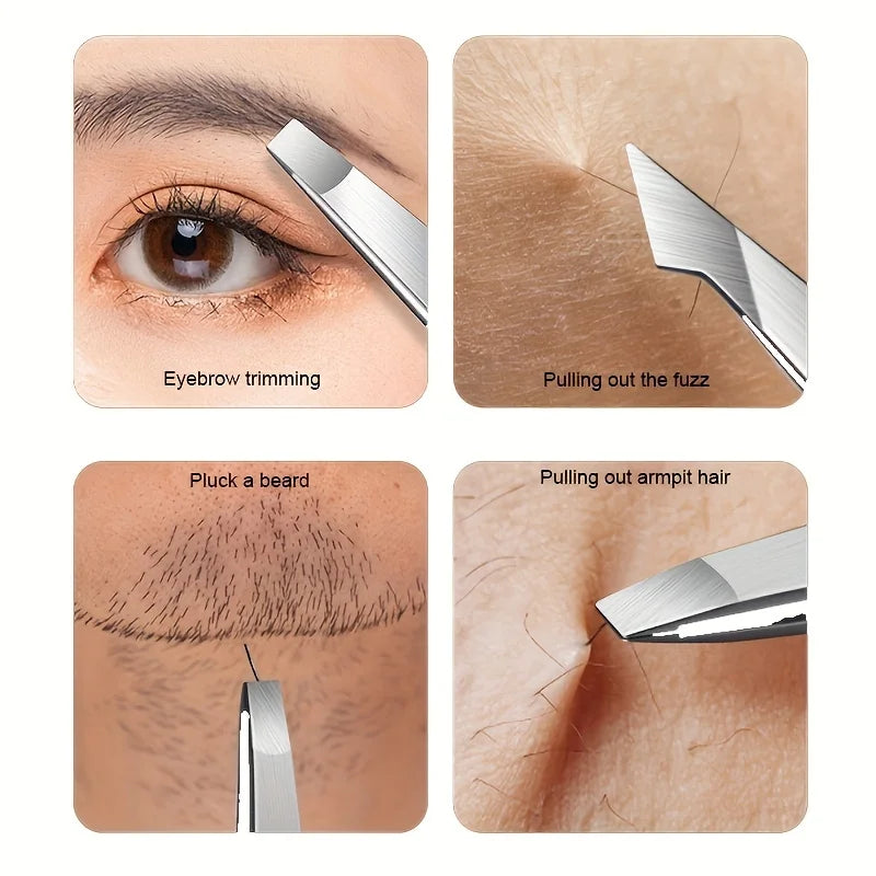 Veltora Ouriner stainless steel eyebrow tweezers set with four professional forceps for facial hair and ingrown hair removal.