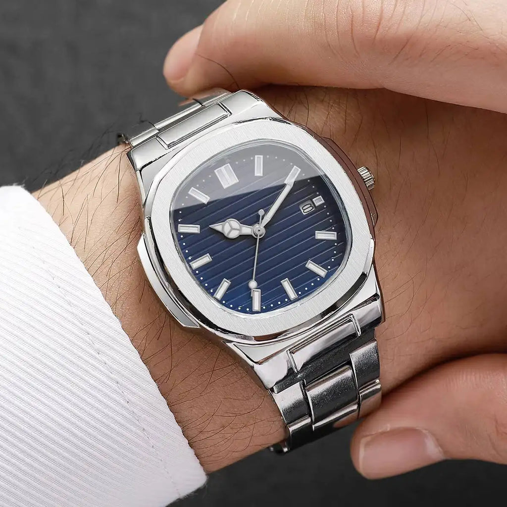 Veltora men's luxury business watch with square dial, stainless steel strap, quartz movement, and calendar display.