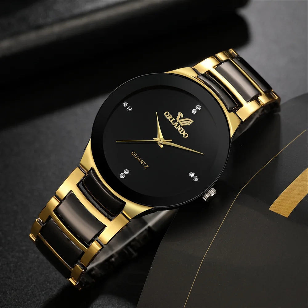 Black dial steel quartz men's business watch by Veltora featuring a sleek design and stainless steel strap.