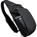 Veltora right shoulder chest bag, 7.5L crossbody sling backpack with tablet pocket and water bottle holder, black fabric.