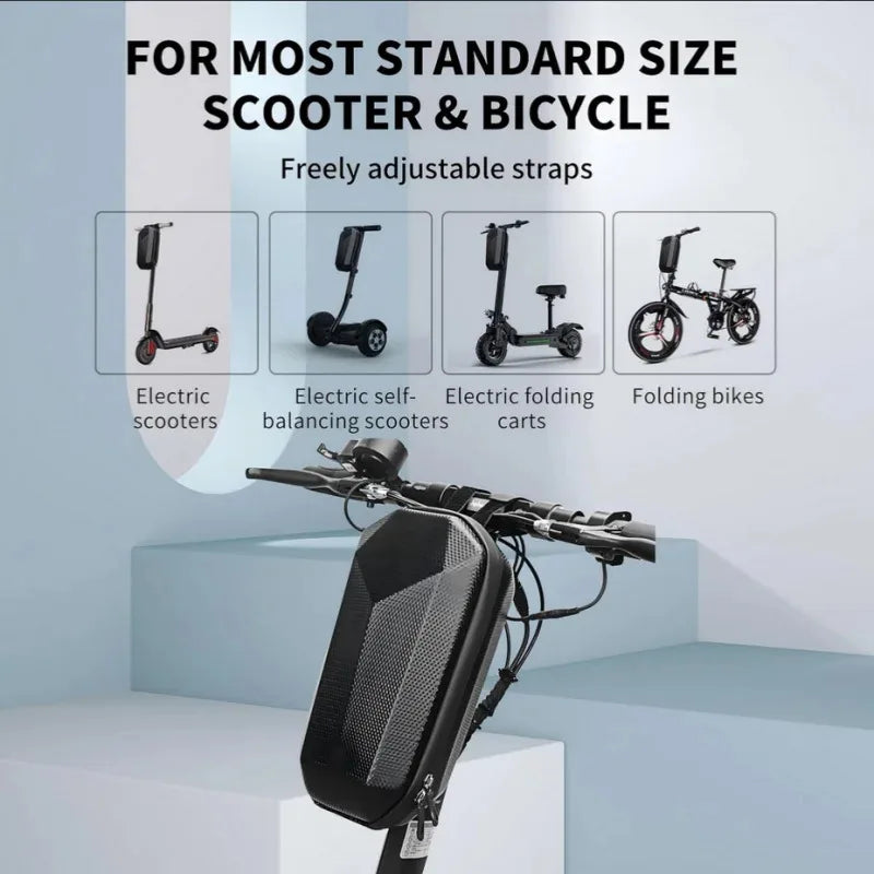 Veltora electric scooter handlebar bag with large capacity, waterproof storage for bicycles, mounted on a scooter handlebar.