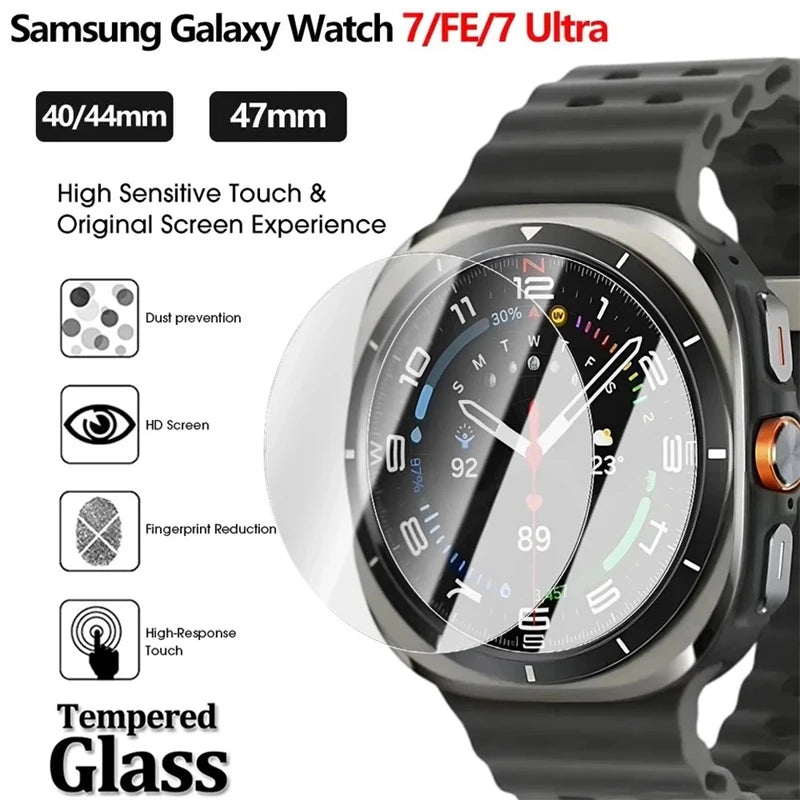 Veltora glass protective film on Samsung Galaxy Watch 7 Ultra, 6, 5, 4 screen protector for 40mm to 47mm watch models.