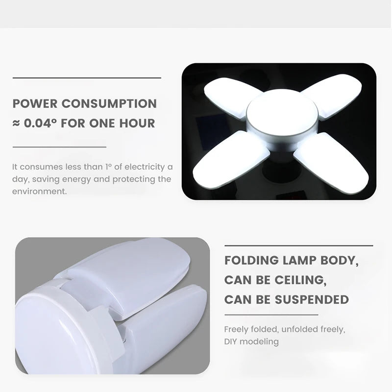 Veltora E27 fan shape foldable 28W LED bulb in white, 6500K, for home ceiling lights, warehouse, and garage, showing its deformed design
