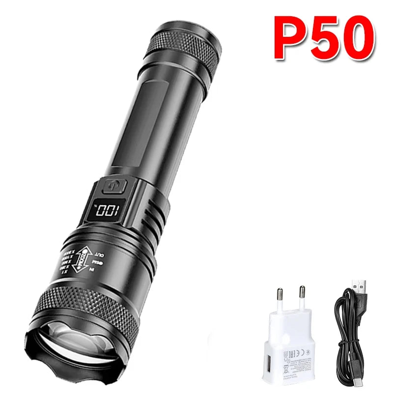 Veltora 2000LM Ultra Bright P50 LED Tactical Flashlight with telescopic zoom and handheld design, using 14500 or 18650 batteries
