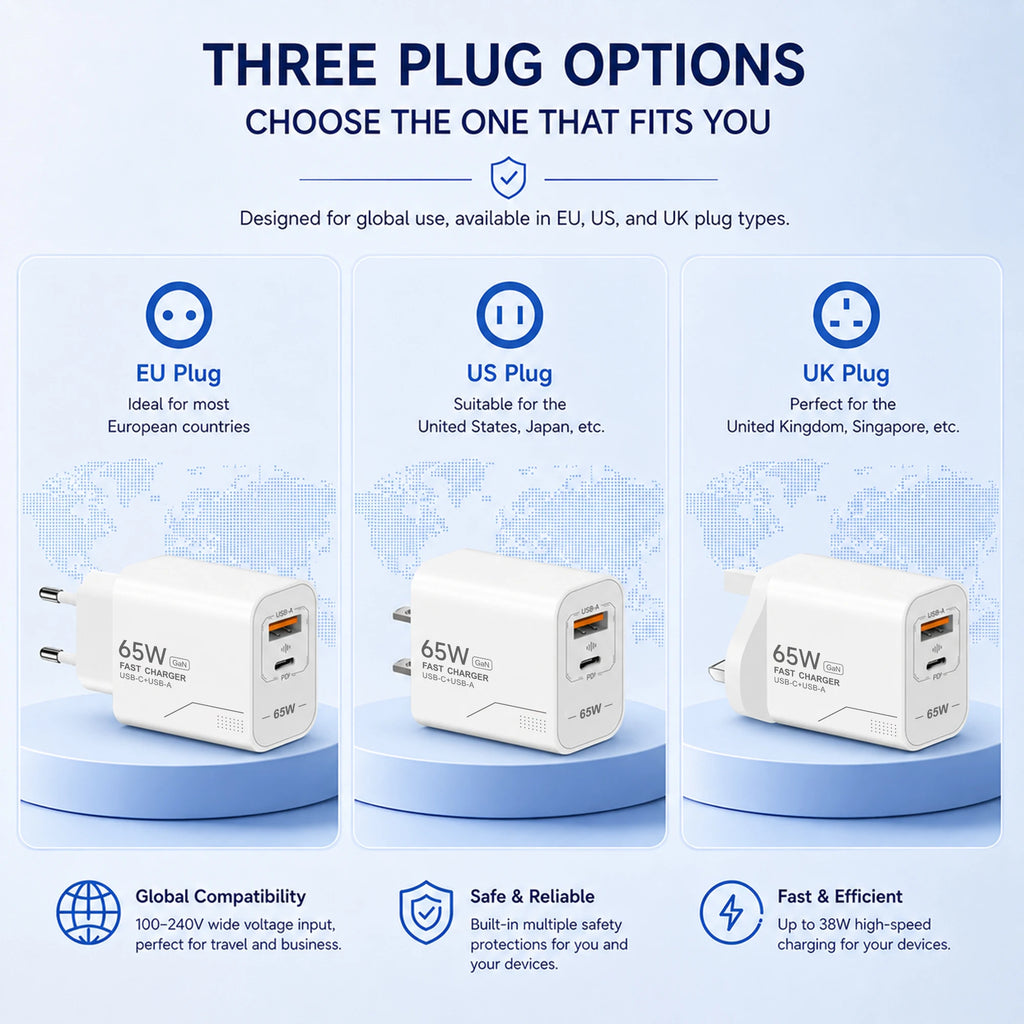 Veltora 65W GaN USB C charger with 2 ports, fast charging power adapter for iPhone, Samsung, Xiaomi, EU and US plug wall charger