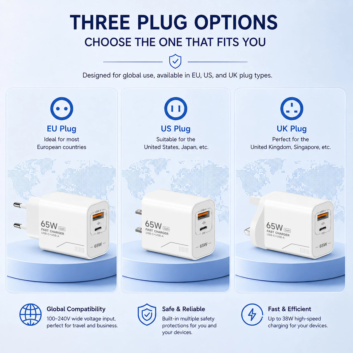 Veltora 65W GaN USB C charger with 2 ports, fast charging power adapter for iPhone, Samsung, Xiaomi, EU and US plug wall charger