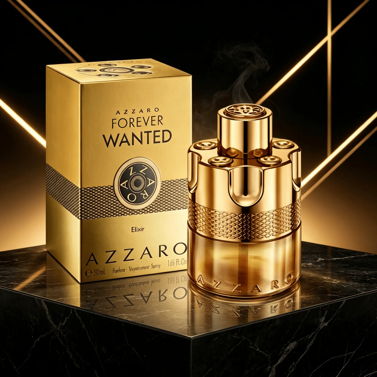 Veltora Azzaro Forever Wanted Elixir men's perfume spray with leather, raspberry, and woody fruity scent, 3.38 fl oz bottle.