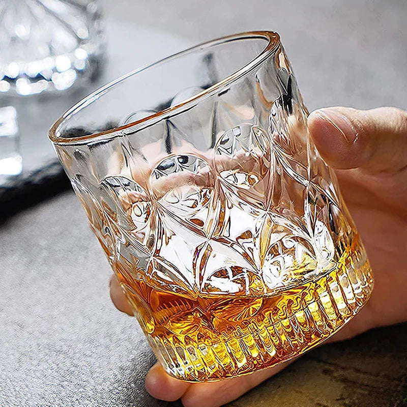 Veltora 2-piece 330ml glass whiskey cups set with relief design for cocktails, iced coffee, beer, water, and wine drinking.