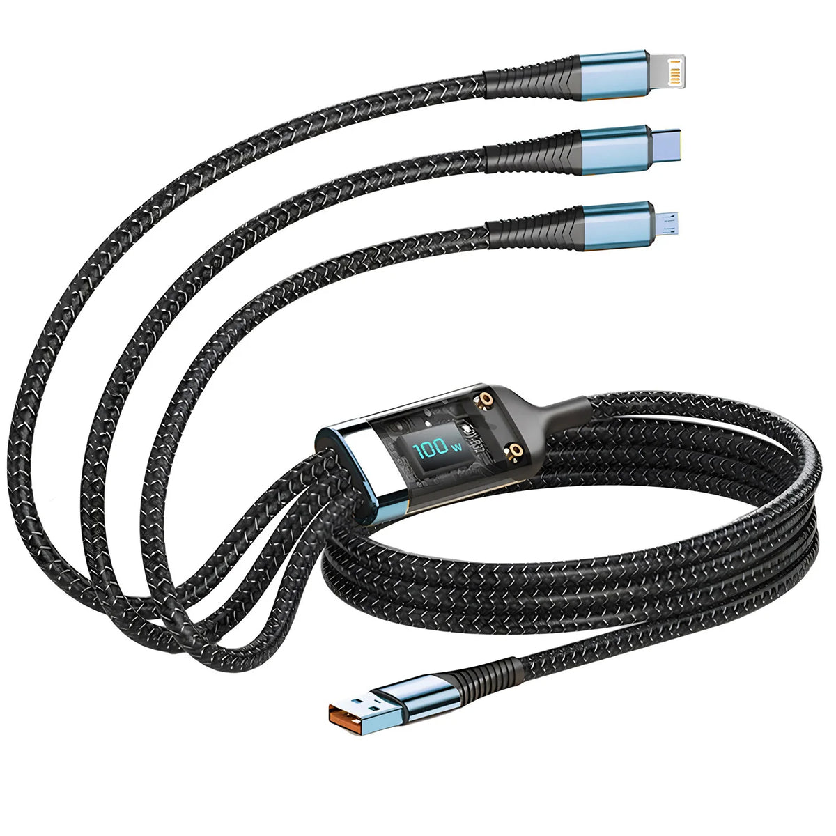 Veltora 100W fast charging nylon braided 3-in-1 USB cable with Type-C, Micro, and USB connectors for universal device charging