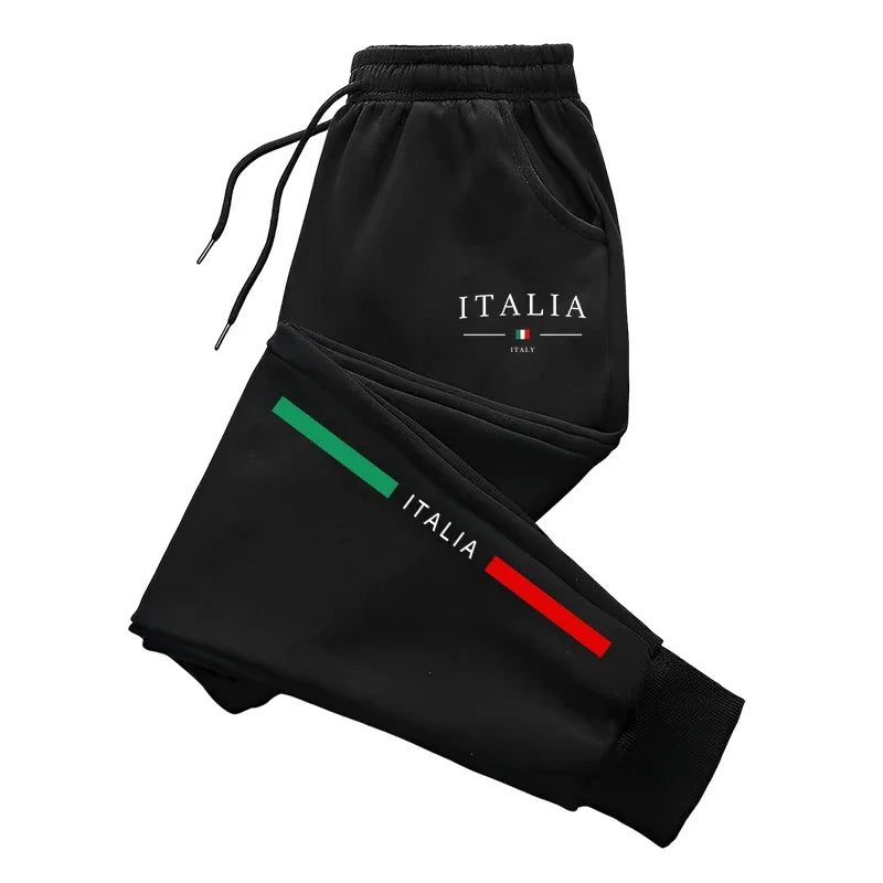 Veltora men's Italy print sweatpants, high-quality casual sports joggers in black with Italy design, suitable for all seasons.