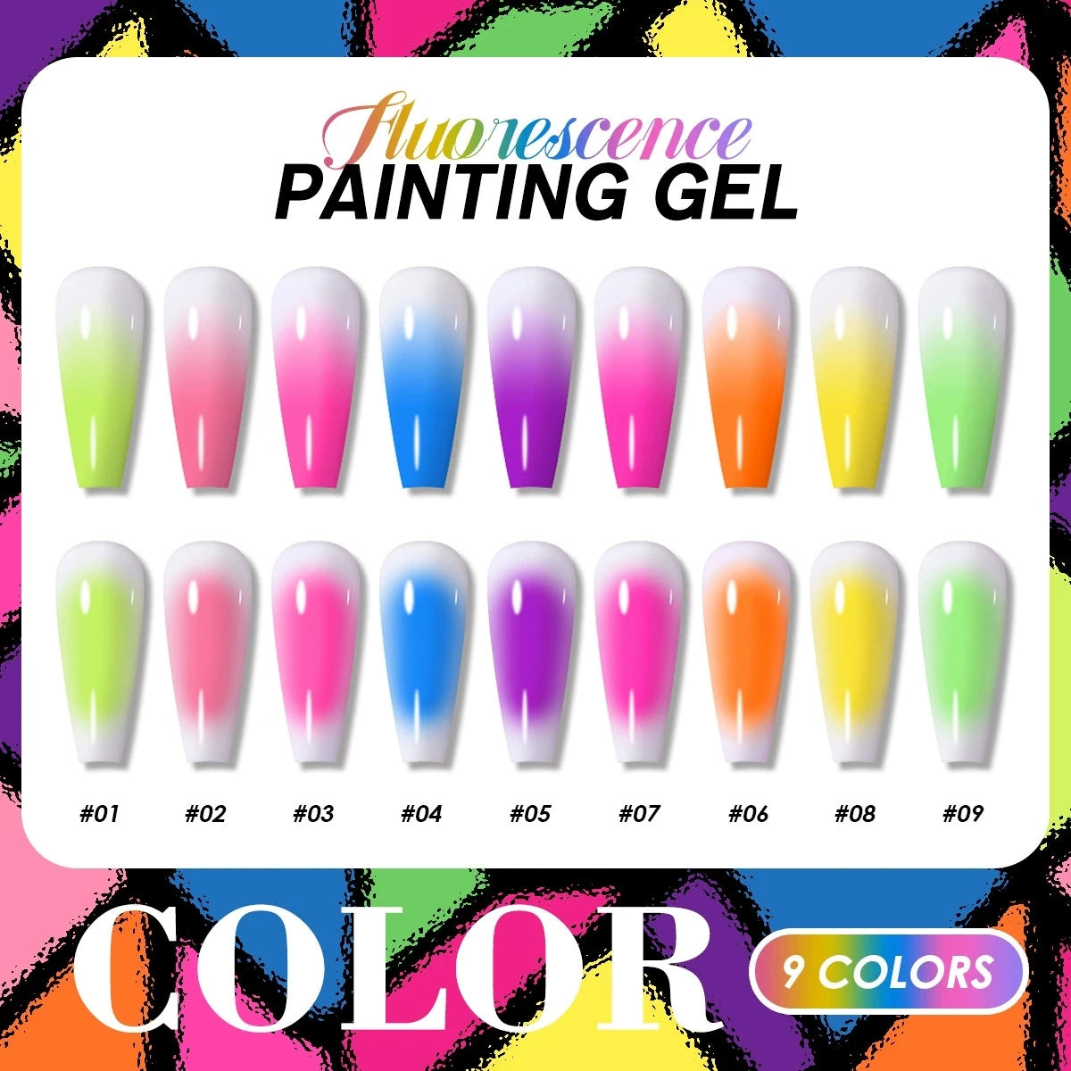 Veltora nine grid fluorescent gel transfer gel in rainbow bright colors, UV and LED nail polish for DIY salon nail art.