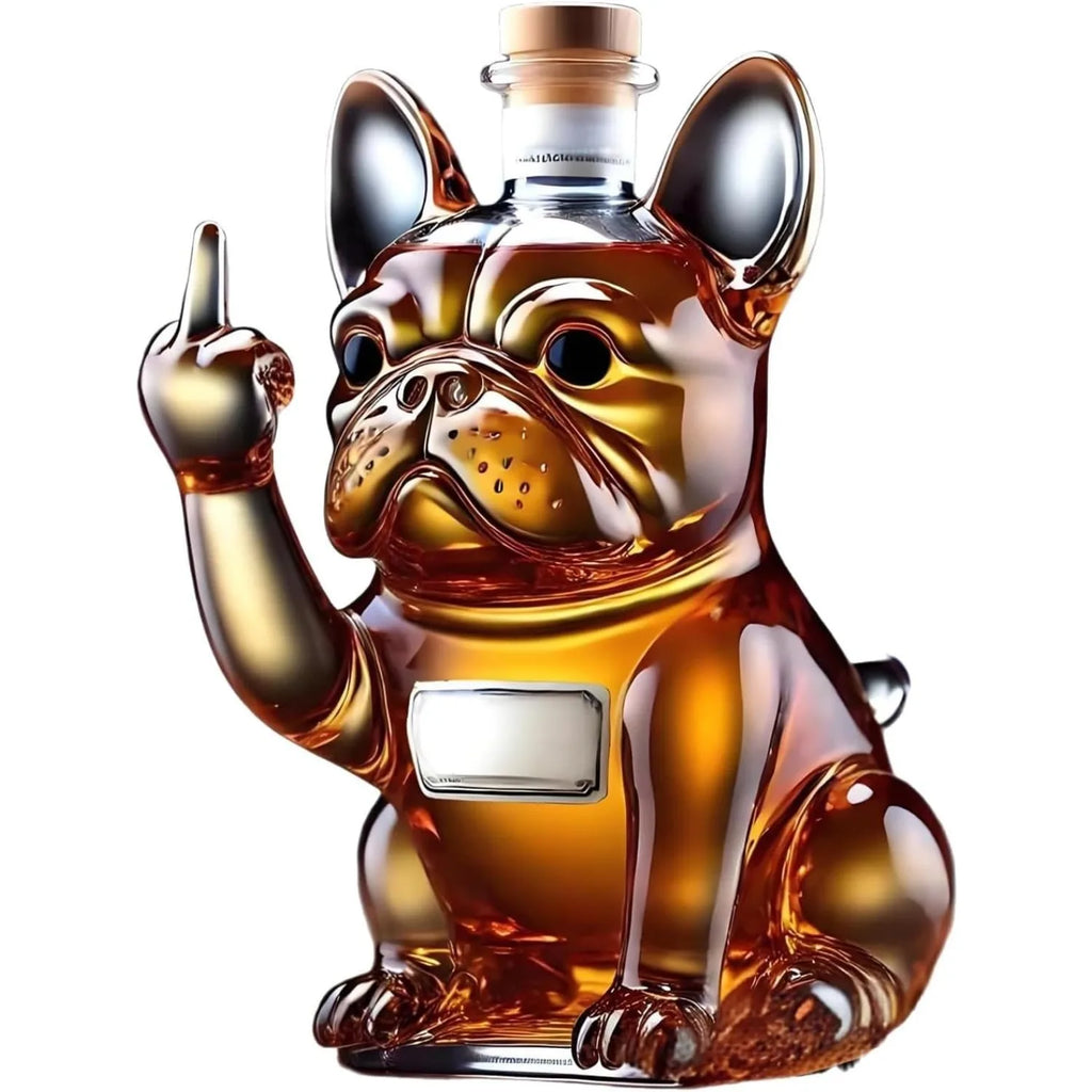 Funny French Bulldog whiskey bottle by Veltora featuring a unique middle finger dog design and a matching wine glass.