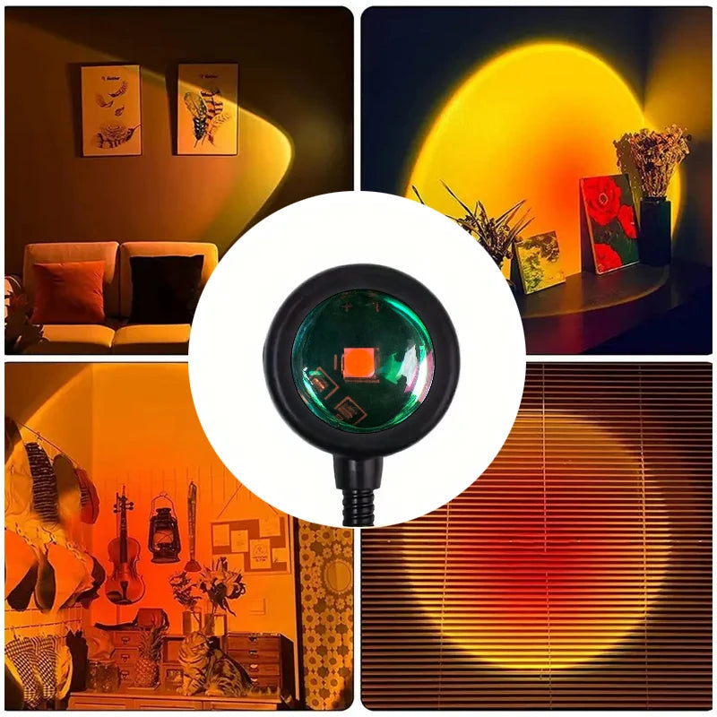 Veltora Sunset Projection Lamp with rotating feature, USB-powered home decor lamp for living room and bedroom ambiance.