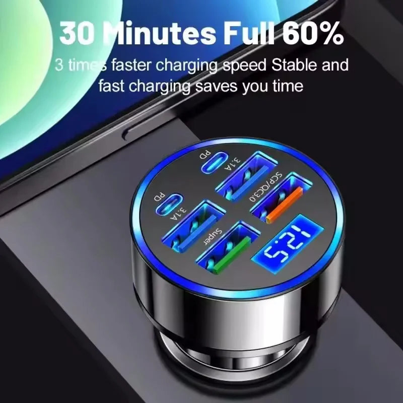 Veltora 350W USB car charger with PD and QC3.0 USB-C port for fast charging iPhone, Samsung, Huawei, and Xiaomi devices.
