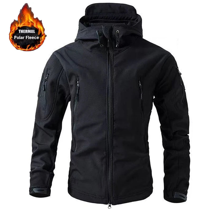Men's Veltora winter softshell fleece hood cargo jacket with windproof design, suitable for camping, hiking, climbing, and outdoor activities.