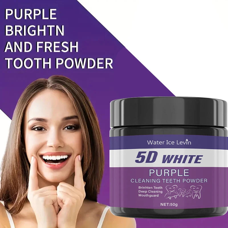 Veltora purple tooth cleaning powder in a jar, showing the sulfate-free deep cleaning and whitening formula for daily use and travel