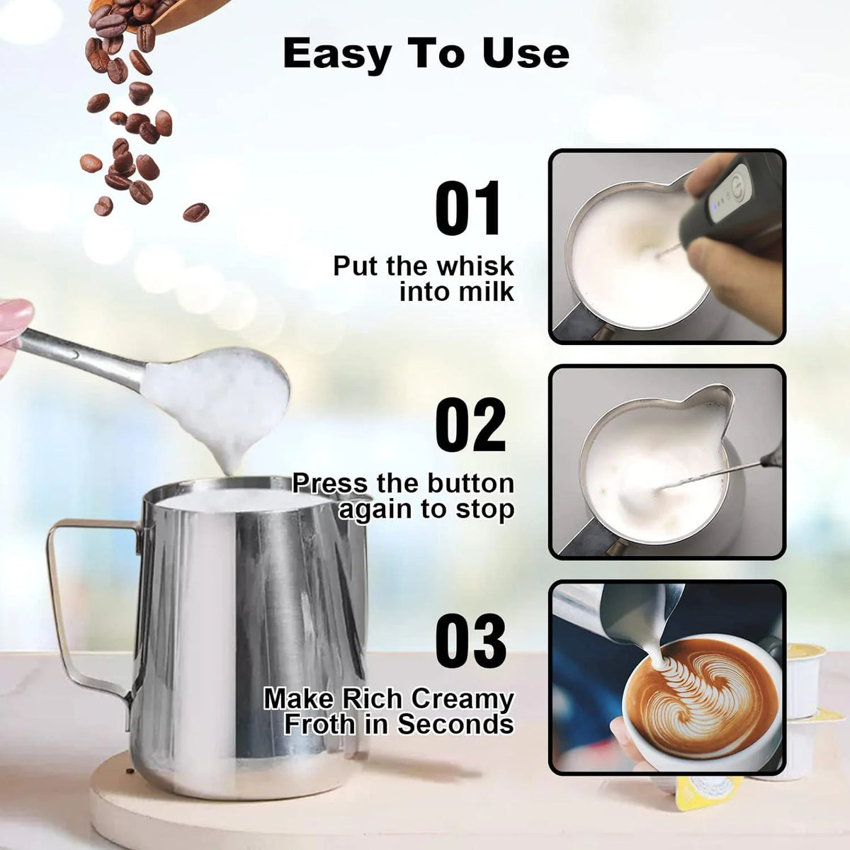 Veltora mini USB rechargeable milk frother with 3-speed settings, electric foam maker and coffee whisk mixer on a white background.